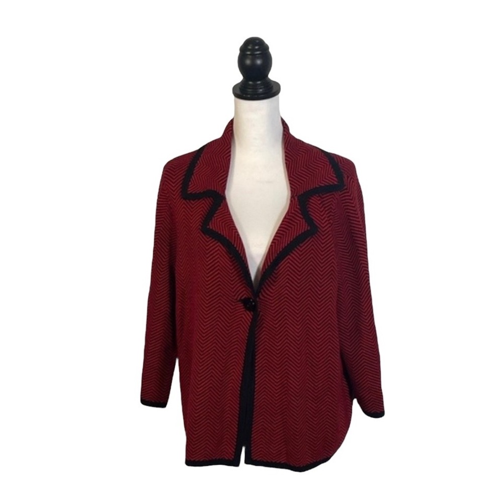 Josephine Chaus Red Black Chevron Lapel Collar 1 Button 3/4 Sleeve Cardigan M